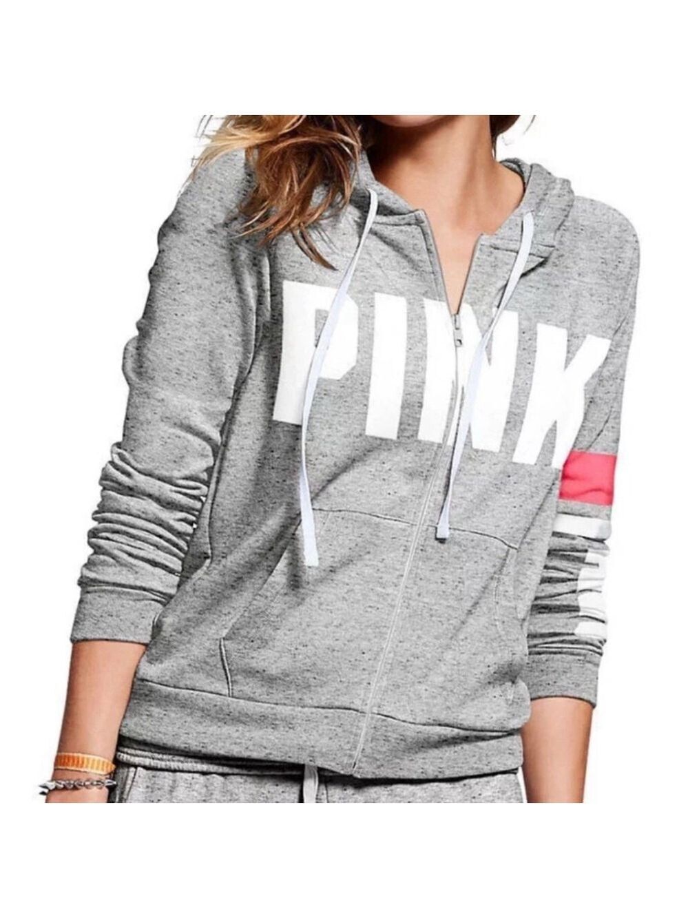 Victoria's Secret Pink Campus Crew Full Zip Hooded Sweater Jacket Grey Large